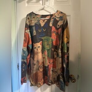 Kitty Cat Long Sweater Woman Size XL Grandma Rust Colored Kawaii Kitten Colorful